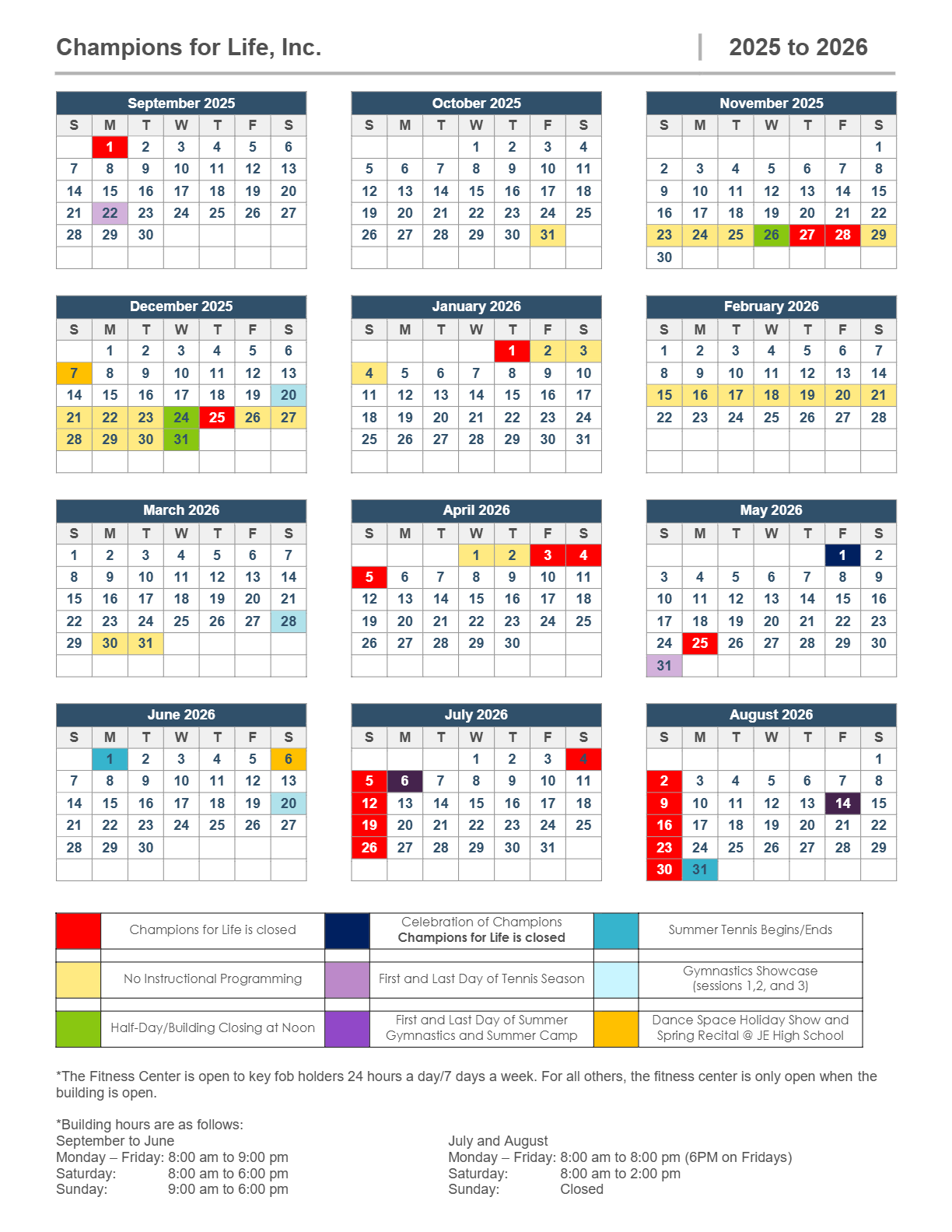 2025-2026 Calendar — Champions for Life, Inc.